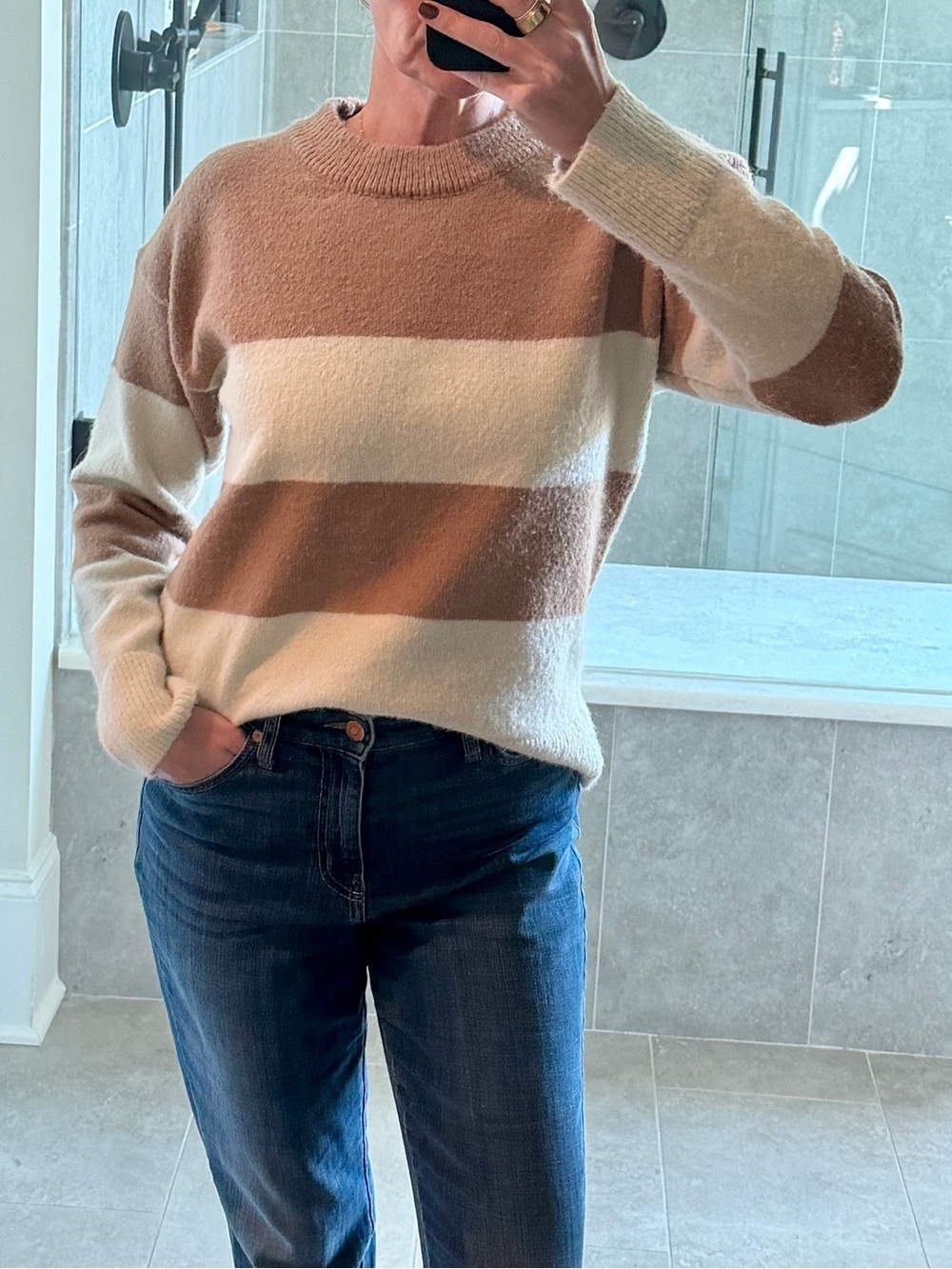 BeCool Camel & Cream Striped Crew Neck Sweater S/M
